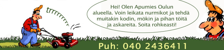 Piirroskuva: Apumies leikkaa nurmikkoa ja puhuu puhelimessa numeroon 040 2436411